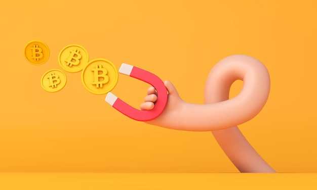 Cartoon hand die een magneet vasthoudt die bitcoin cryptocurrency munten aantrekt d rendering