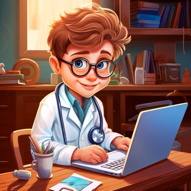 Cartoon hand drawn illustration boy doctor working at home with a stethoscope at the computer