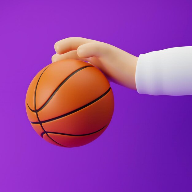 Cartoon hand dribbling basketball isolated over purple background 3d rendering