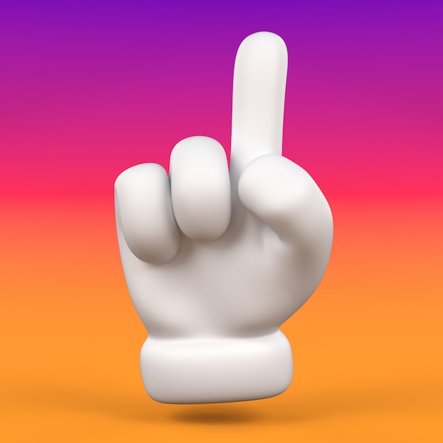 Cartoon hand gesture with a raised index finger points upward 3d rendering