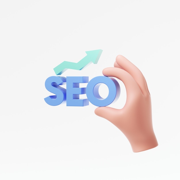 Photo cartoon hand hold seo logo for search engine optimization and internet marketing on white background 3d render illustration