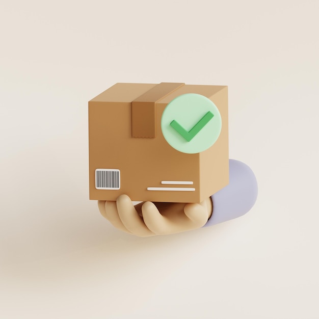 Cartoon hand holding cardboard box Parcel with check mark Delivery of order in package box Fast delivery concept 3d render illustration