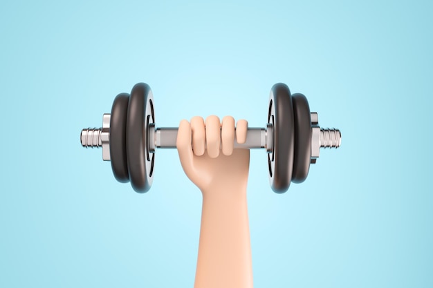 Cartoon hand holding heavy black dumbbell over blue background 3d render illustration