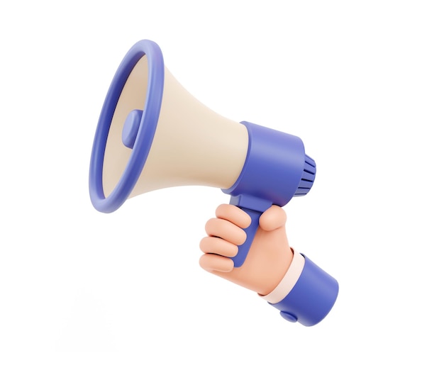 Photo cartoon hand holding megaphone on purple background with copy space. 3d illustration