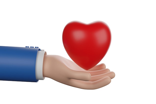 Photo cartoon hand holding a red heart 3d illustration