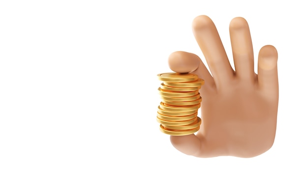 Cartoon hand holding a stack of coins on an isolated background. 3d illustration