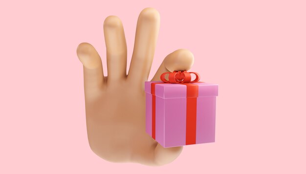 Cartoon hand holding a surprise gift box on an isolated background. 3d illustration