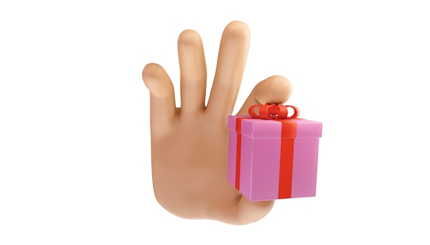 Cartoon hand holding a surprise gift box on an isolated background. 3d illustration