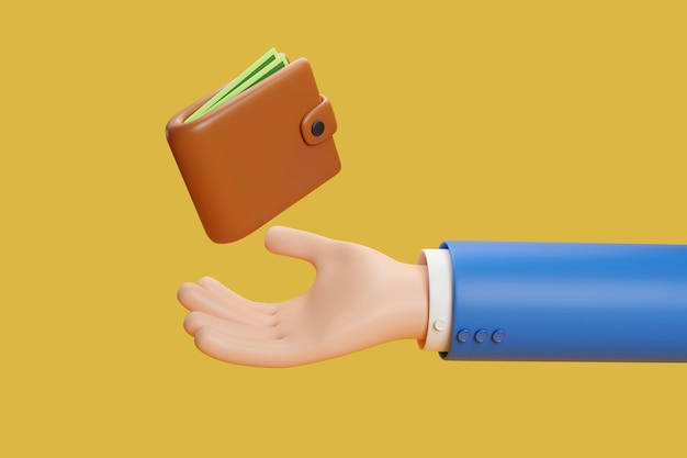 Мультяшная рука, держащая бумажник изолирован на желтом фоне 3d иллюстрация