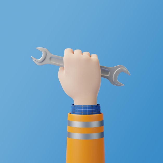 Photo cartoon hand holding wrench tool on a blue background 3d render illustration