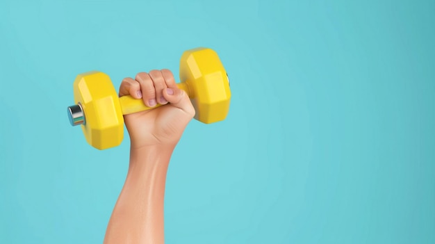 Photo cartoon hand holds barbell isolated on blue background