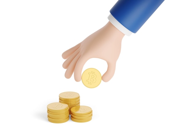 Cartoon hand making a pile of bitcoins. isolated on white background. 3d illustration.