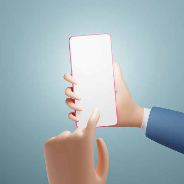 Cartoon hand met smartphone geïsoleerd. 3d-rendering