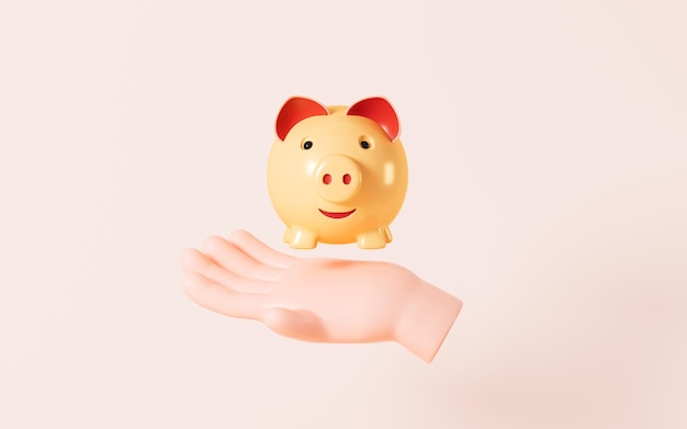 Cartoon hand and piggy bank 3d rendering