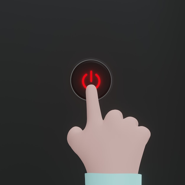 사진 검은색 바탕에 빨간 버튼을 누르면 만화 손 푸시 버튼 플랫 스타일 개념입니다. 3d 렌더링.