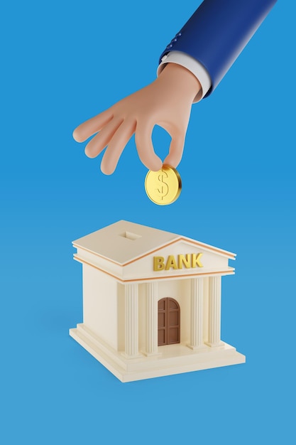 Cartoon hand putting a coin in a moneybox shaped like a bank building 3d illustration