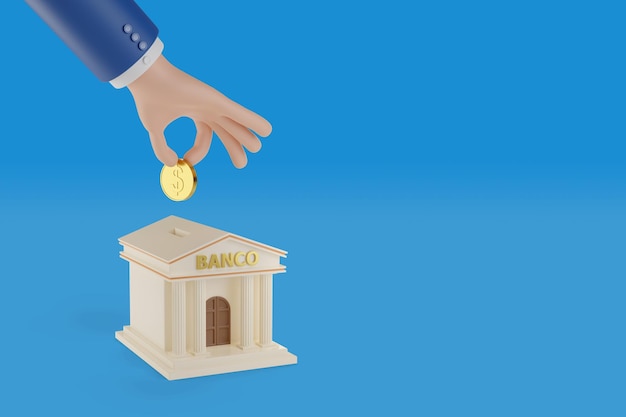 Cartoon hand putting a coin in a moneybox shaped like a bank building with bank text in spanish with copy space 3d illustration