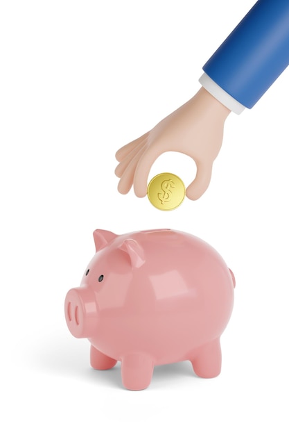 Cartoon hand putting a Dollar coin into a piggy bank isolated on white background 3d illustration