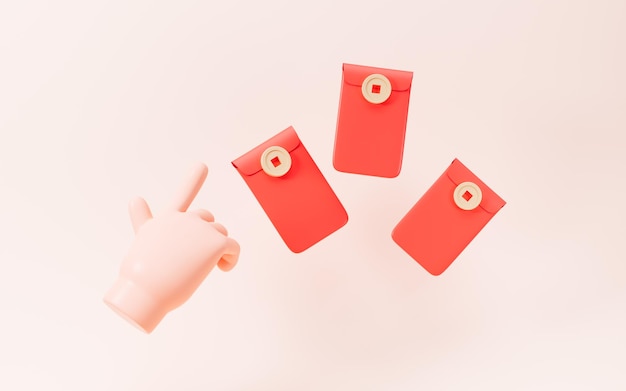 Cartoon hand and red envelopes 3d rendering