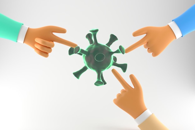 Cartoon hand shows the virus 3d render