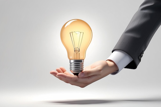 Cartoon hand in a suit holding a light bulb on a white background the concept of insight and ideas 3d rendering