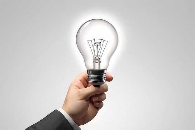 Cartoon hand in a suit holding a light bulb on a white background the concept of insight and ideas 3d rendering