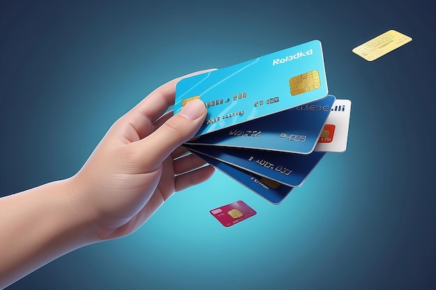 Cartoon hand and two credit cards floating in the air the concept of cashless payment and online payments 3d rendering