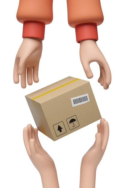 Photo cartoon hands delivering a delivery box and others receiving it 3d illustration