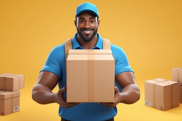 Photo cartoon hands of a delivery man with a parcel on a yellow background delivery concept carton box handover 3d rendering