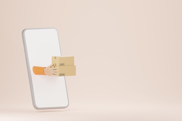 Cartoon hands holding cardboard box through smartphone over pastel orange background Online shopping and delivery concept 3d render illustration