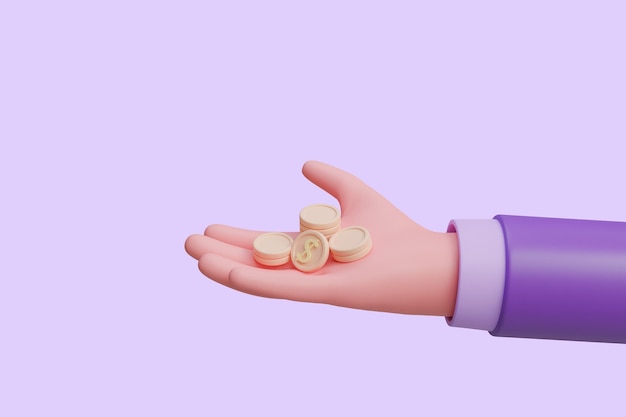 Cartoon hands holding coins Business clip art isolated on background with clipping path 3d rendering