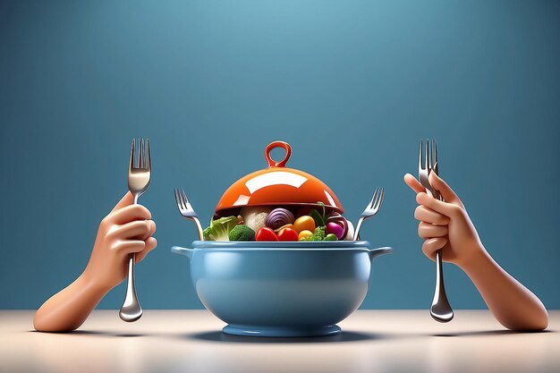 Cartoon hands holding a fork and a spoon on a cloche background the concept of going to a restaurant and serving food 3d rendering