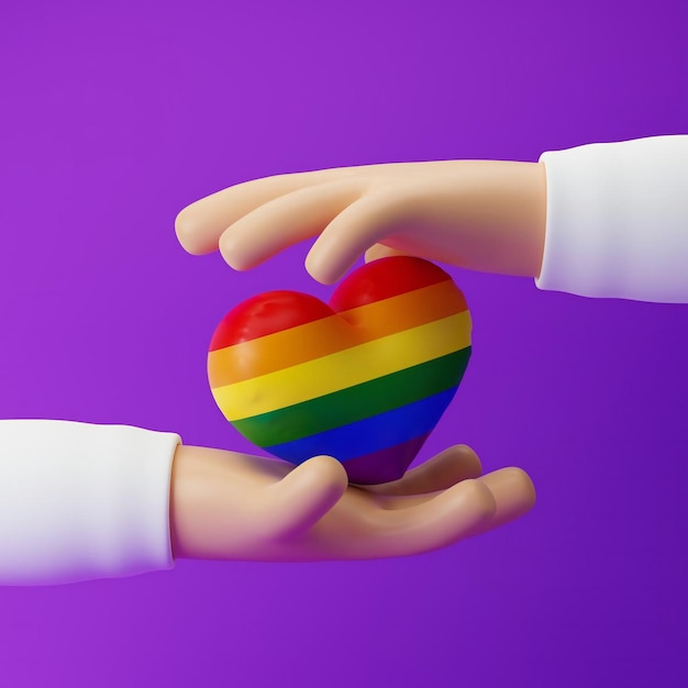 Cartoon hands holding inflated pride heart icon isolated over purple background 3d rendering