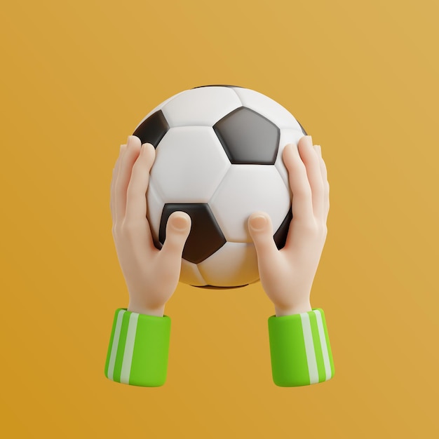 Cartoon hands holding soccer ball on a yellow background 3D render illustration