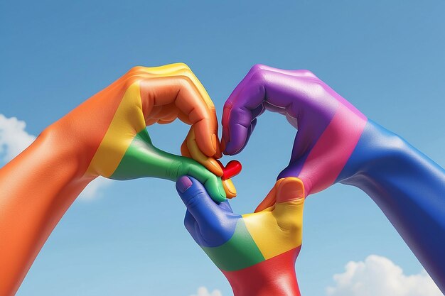 Cartoon hands show heart gesture with lgbt flag the concept of love and tolerance 3d rendering