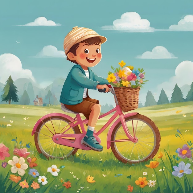 cartoon happy boy illustration riding bicycle in the meadow