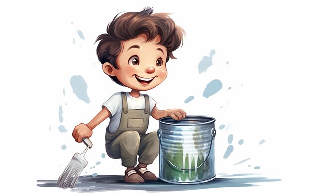 Cartoon Happy Boy with Paint Can and Brush on White Background