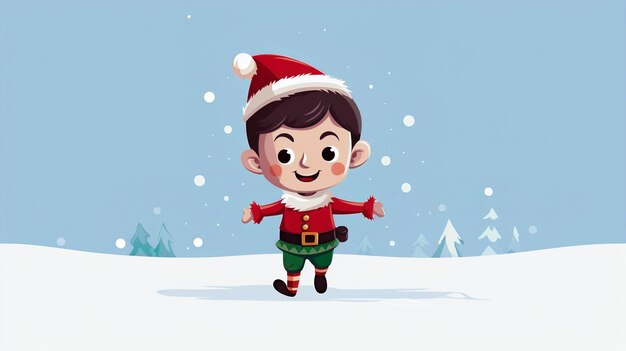 Cartoon happy christmas elf in santa hat on winter background high quality photo