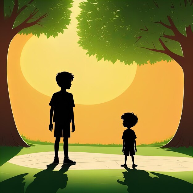 Cartoon happy and cute little girl and boy standing on grass with big big tree in the forestcartoon