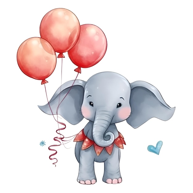 Cartoon happy elephant with balloons on white background illustration for children