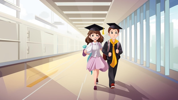 Cartoon Happy Graduation Boy and Girl in the School