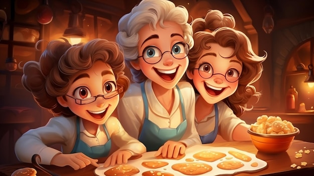 cartoon Happy little girl mother and grandmother cooking traditional christmas gingerbread cookies together High quality photo