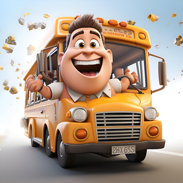 Photo cartoon happy schoolboy on a school bus 3d render