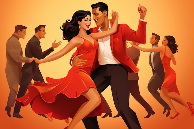 Cartoon happy woman and man dancer enjoy salsa bachata tango and rumba generative ai