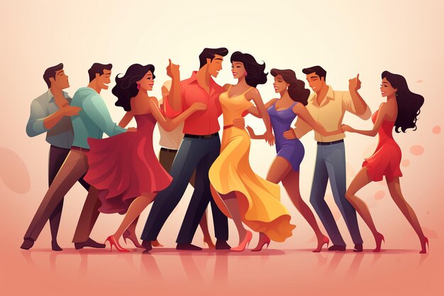 Cartoon happy woman and man dancer enjoy salsa bachata tango and rumba Generative Ai