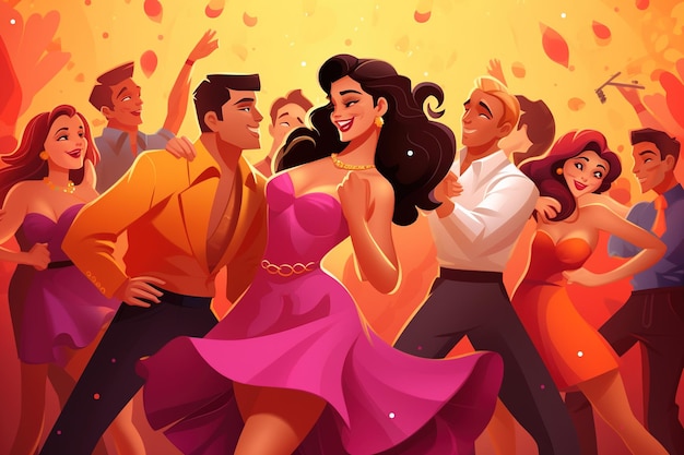 Cartoon happy woman and man dancer enjoy salsa bachata tango and rumba Generative Ai