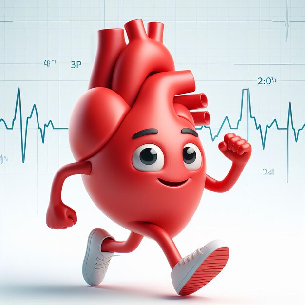 Foto cartoon hart loopt op witte achtergrond met hartslagmeter