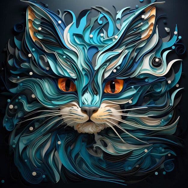 Photo a cartoon head of a cat in a colorful paper in the style of detailed fantasy art dark cyan