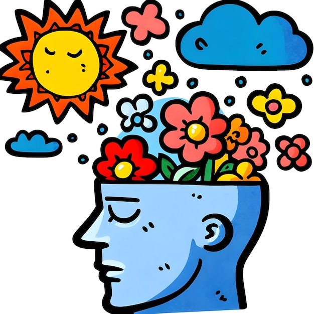 Photo cartoon head with clouds and flowers