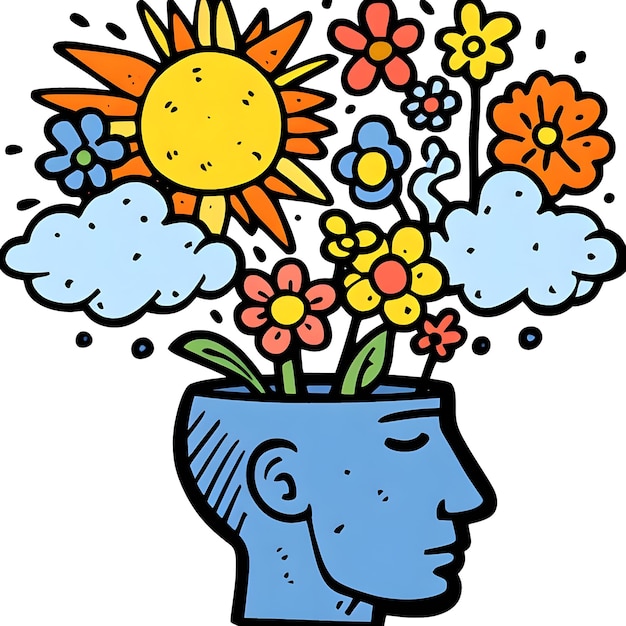 Photo cartoon head with clouds and flowers